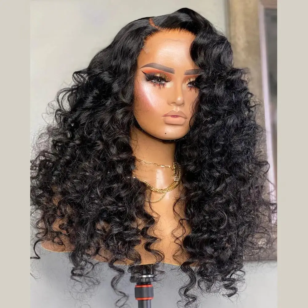 Soft Natural Black 26Inch 180Density Long Kinky Curly Lace Front Wig For Women BabyHair Heat Resistant Glueless Preplucked Daily