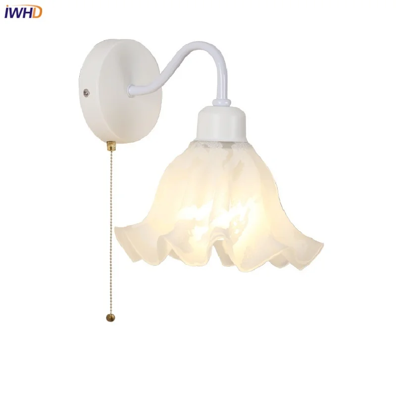 

IWHD Glass Iron LED Wall Lamp Sconce Cafe Restaurant Bar Bedroom Nordic Pull Chain Switch White Stair Light Fixture Luminaire