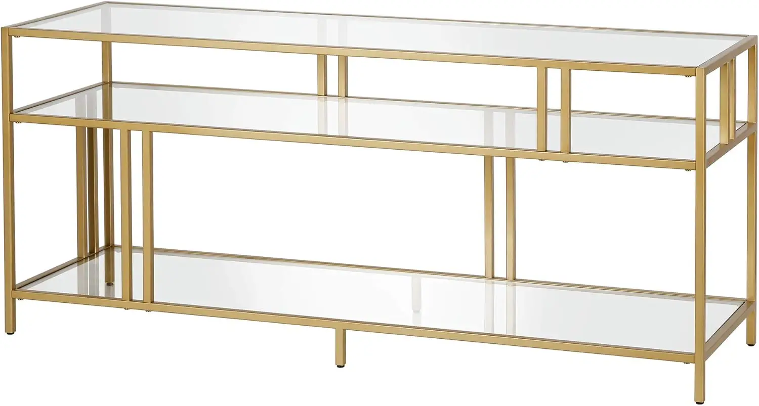 Rectangular TV Stand with Glass Shelves for TV's up to 60" in Brass, TV Stands for the Living Room