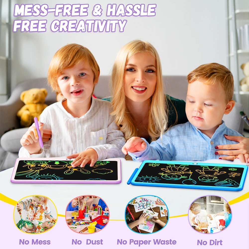 LCD-Schreibtablett, 12-Zoll-buntes Kleinkind-Doodle-Brett, löschbare Zeichenblöcke mit Umhängeband, Lernspielzeug für Kinder