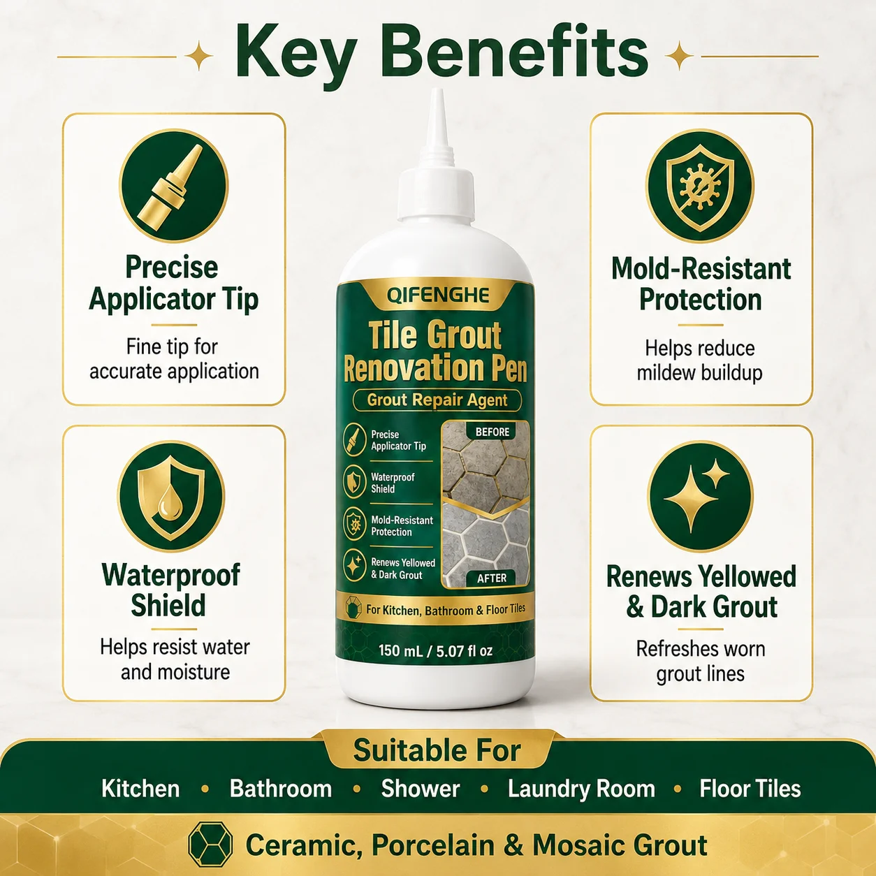Tile Grout Renewal Pen, 150ml Waterproof Anti-Mold Grout Sealer Marker, Tile Joint Restorer for Yellowed Blackened Grout Lines,