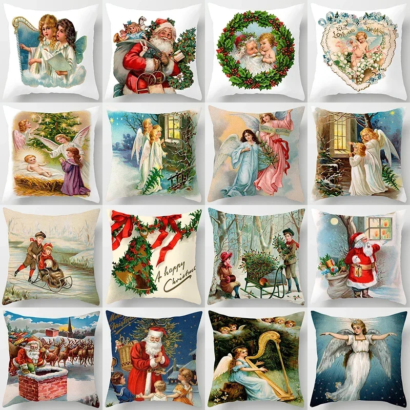 

Merry Christmas Decoration Cushion Cover 45x45cm Angel Santa Printed Pillow Cover Holiday Farmhouse Home Decorative Pillowcase