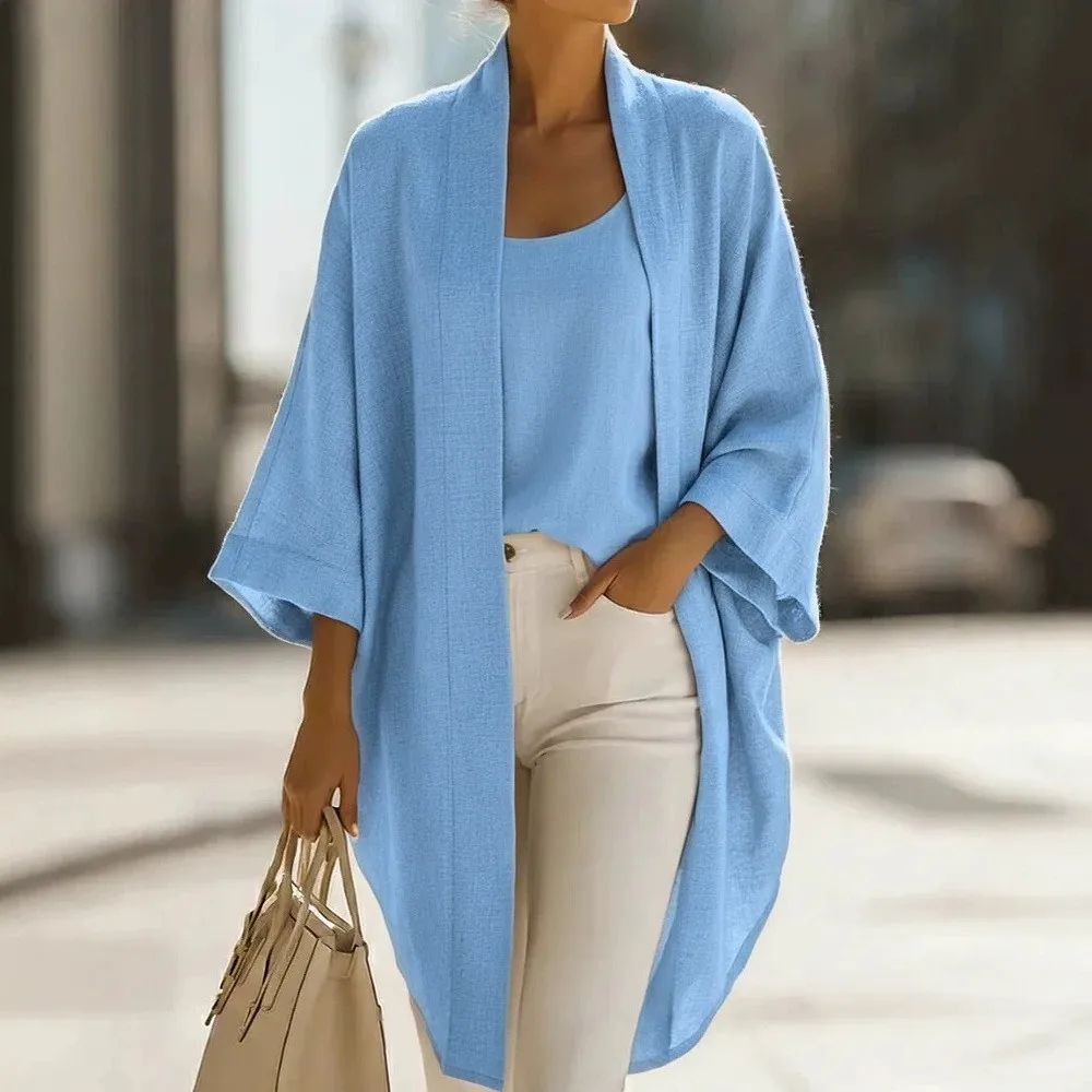 Women's Casual Linen Open Cardigan Vest Two-Piece Set Versatile Loose Wear for Commuting and Everyday Use Long Sleeve Blouse