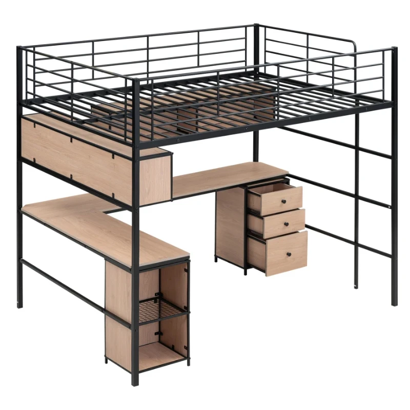 

Metal Loft Bed with bookcase, desk and cabinet, Assembly required，Full size,High-quality material and solid construction