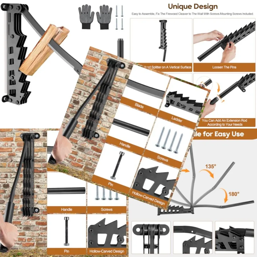 

Wall Mounted Kindling Splitter 2025 New Designed for Outdoor Indoor Use Steel Construction Black Finish Extended Handle for Enh