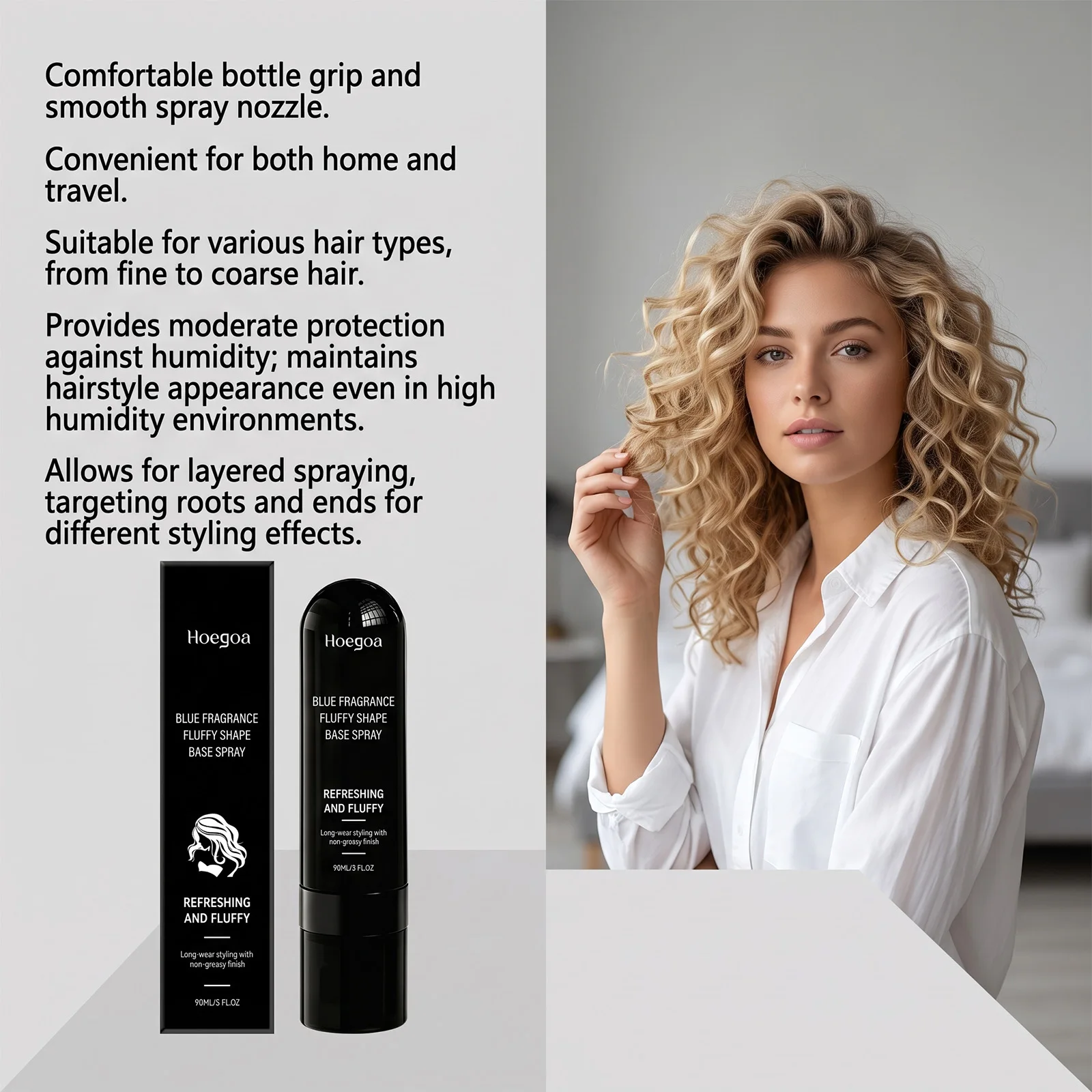 Fluffy Shape Base Spray 90ml Wurzel-Lifting Volumen für feines Haar, nicht fettend, leicht auszuspülen, blauer Duft, für den täglichen Gebrauch und die Haarstyling-Anwendung – Detail 4