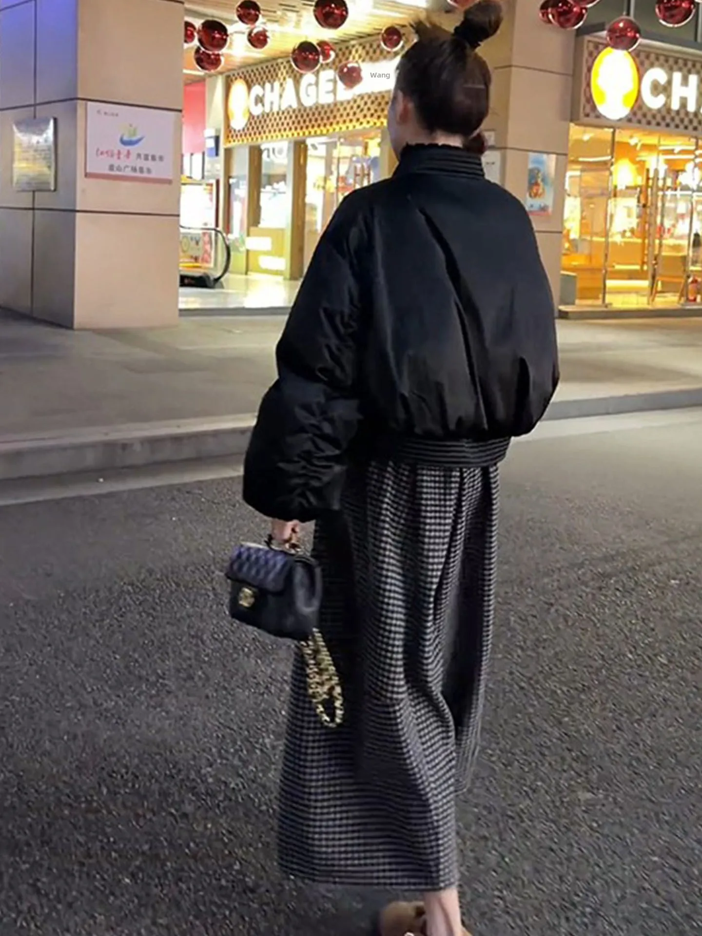 

Spring Thiened Bla Cotton Coat And Plaid Wide Leg Pants Women's Anti-Aging Faion Set Casual Sle Winter Long Sve