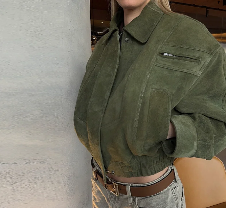 

Casual Solid Zipper Cropped Suede Jacket Women Chic Lapel Full Sleeve Pocket Loose Coat Autumn Lady Highstreet Commute Outwear