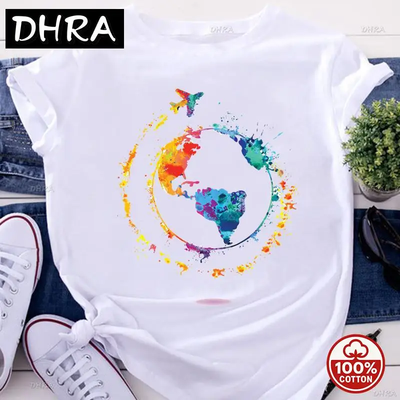 

Ladies Watercolor Vacation Travel Short Sleeve Cartoon Summer Fashion Wear Vacation Tshirts Tops Women Graphic T-Shirt Gift