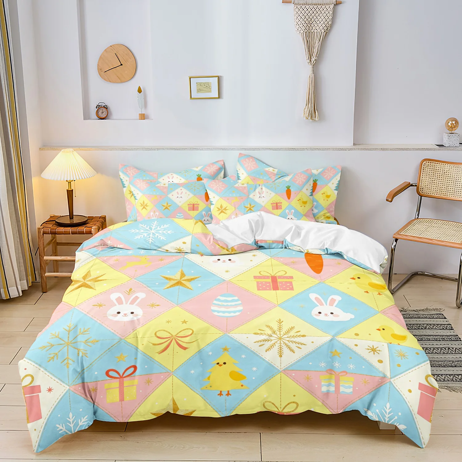 3Pcs Sweet Pastel Patchwork Print Duvet Cover Set, Diamond Grid Bunny Chick Eggs Gift Boxes and Snowflakes Print Bedding