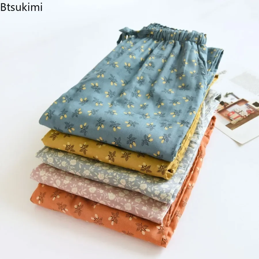 2026 Women's 100% Cotton Double Gauze Pajama Pants Floral Print Loose Casual Home Trousers Loose Breathable Sleeping Pants Femme