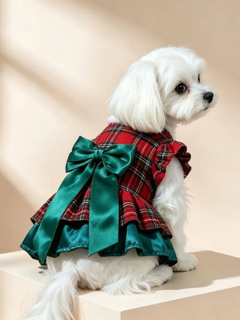 Doppellagiges festliches Kleid mit Schleife für Haustiere, Herbst-Winter-Hundekleidung, Katzenrock, Katzen- und Hundekleid, Haustierbekleidung, Festtagskostüm für Partys – Detail 13