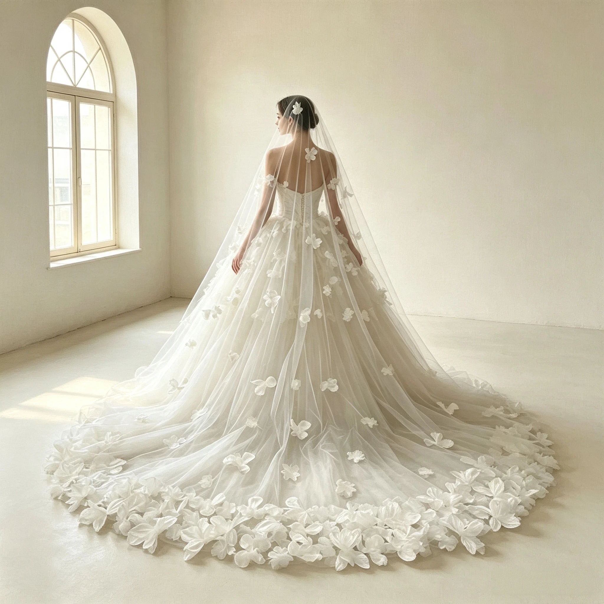 3D Flower Cathedral Wedding Veil 350cm Long One-Tier Bridal Tulle Headpiece Floor-Trailing Veil for Brides
