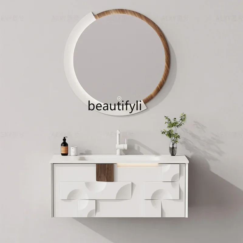 Nordic Light Luxury Modern Bathroom Basin Solid Wood Lacquer Bathroom Cabinet Set Washroom Wash Basin