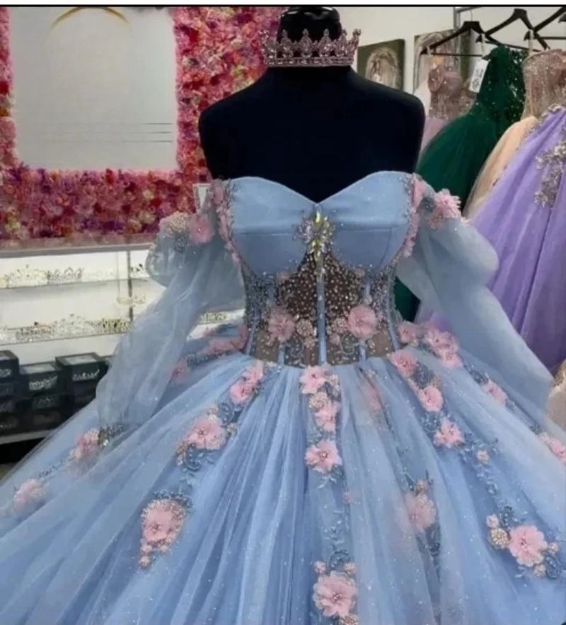 Real Picture Sky Blue Princess Prom Dresses Long Sleeve Flower Beaded Ball Gown Vestido De 15 Anos Prom Party Dress Pageant Wear