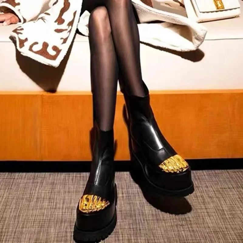 Fashion Ankle Boots For Women Luxury Mid-calf Boots Designer Thigh High Boots Metal Decoration Female Shoes Platform Zipper-sid