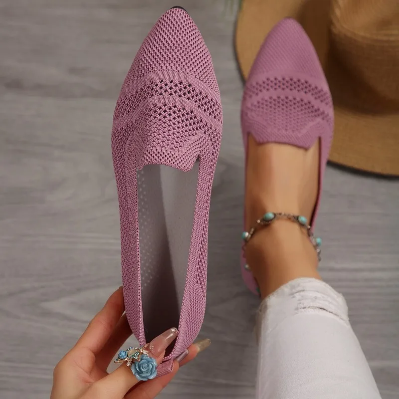 

New Women Flats Solid Color Mesh Loafers Shallow Women Flats Shoes Soft Bottom Knit Ballet Flats Shoes Casual Slip on Boat Shoes