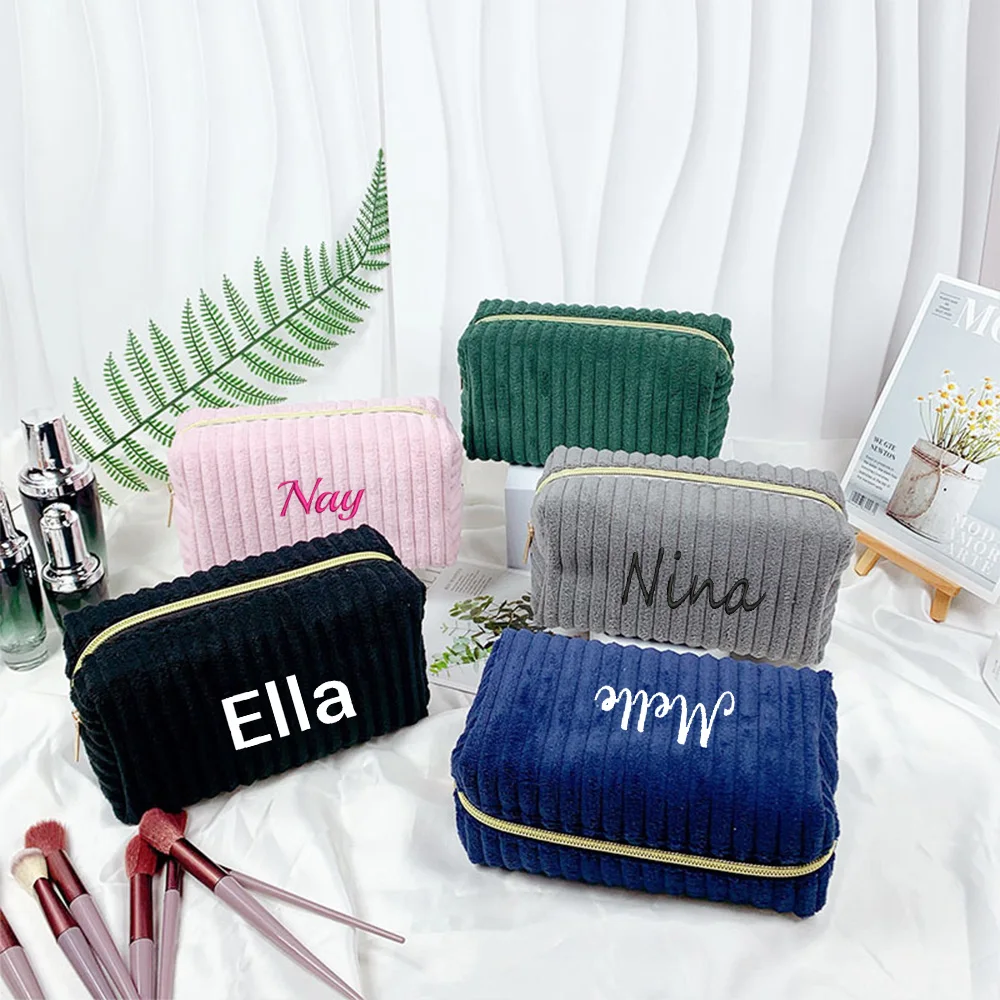 

Personalized New Corduroy Makeup Bag For Women, Portable, Large Capacity, Fashionable, Striped, Soft Makeup And Wash Bag