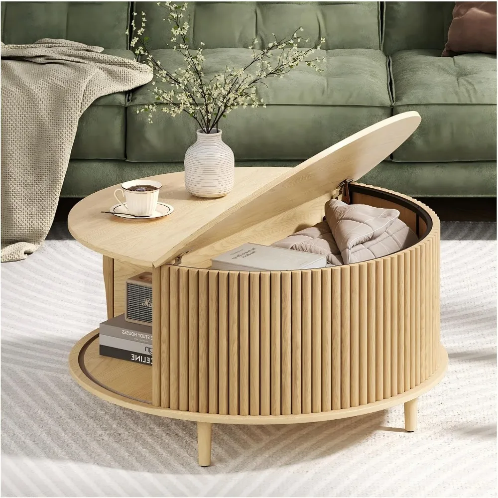 

31.5 Round Coffee Table with Storage, Small Round Oak Coffee Table with Shelf & Sliding Door,Drum Center Table for Living Room