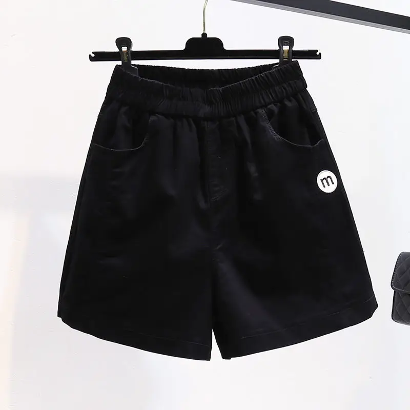 2024 summer Simple High Waist Women\'s Embroid Pocket Elastic Waist Versatile A-line Loose Slimming Thin Wide Leg Casual Shorts