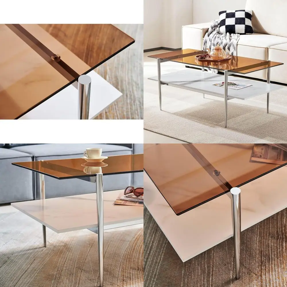 

Mid-Century Modern Coffee Table, 41 Chrome Legs, Coffee Brown Glass Top, Faux Marble Shelf
