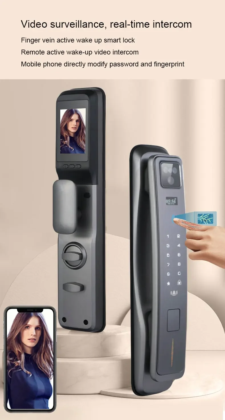 Smart 3D Face Recognition Door Lock com Wi-Fi App, Desbloqueio Remoto, Câmera Peephole, Video Intercom Call, Capture Photo, Dedo Veins