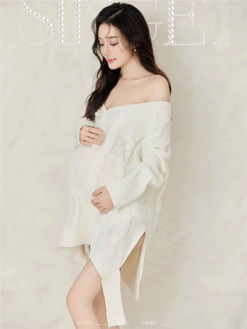 Women Photography White Elegant Knitted V-neck Full Sleeves Maternity Sweater Dresses Pregnancy Studio Photo Clothes view 3