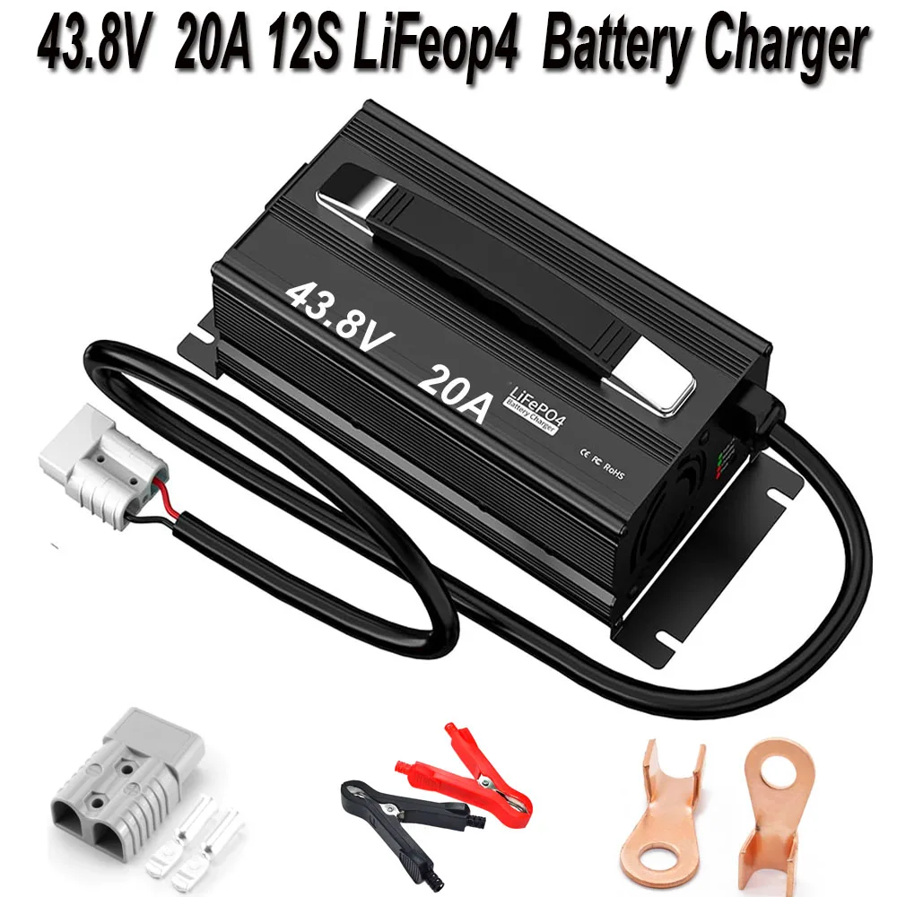 43.8V 20A Charger 36V LiFePO4 Battery Smart Charger 12S Aluminum Shell with Fan 36 Volt Battery Pack Charger Input 100VAC/240VAC