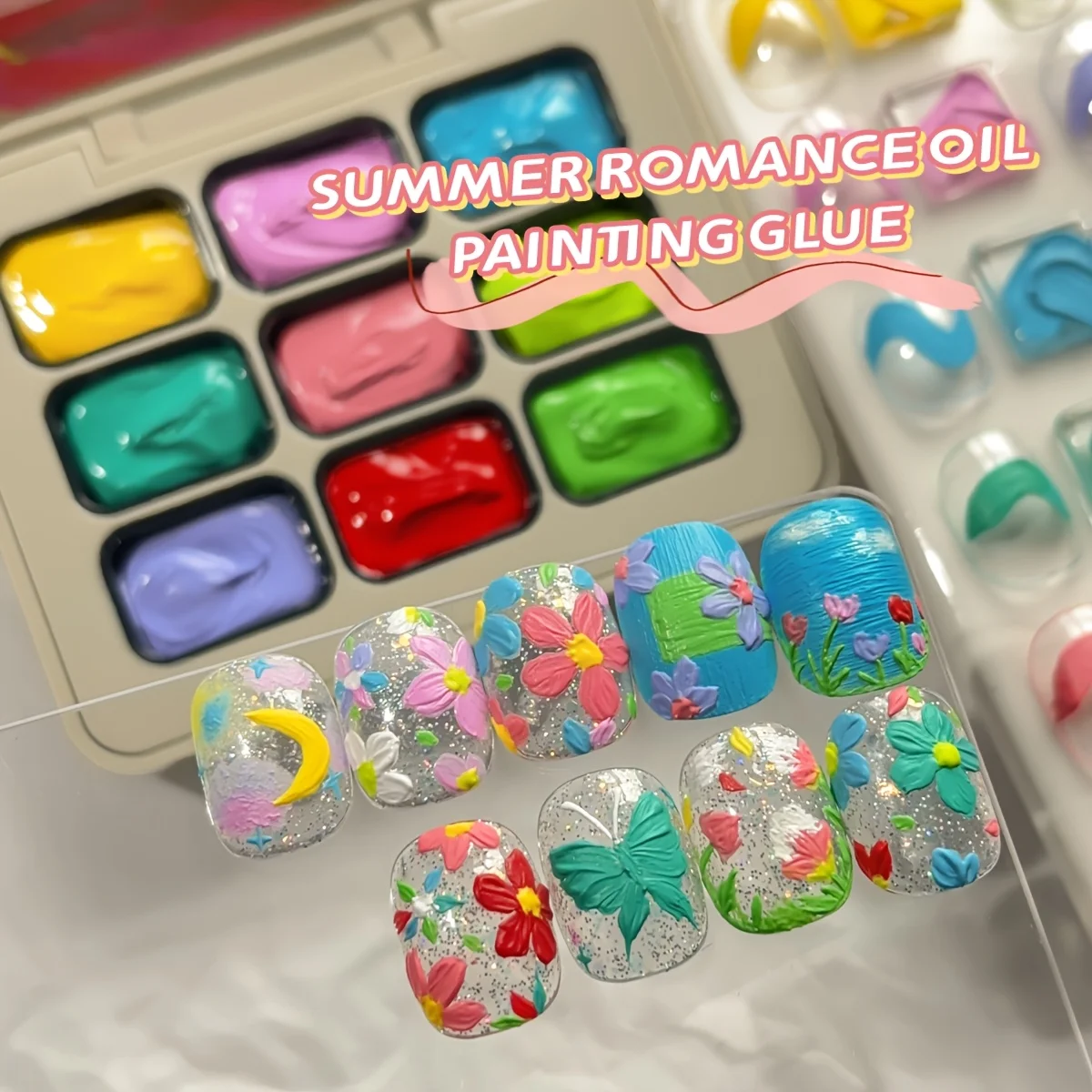 9-kleuren zomerromantiek olieverfschilderij lijm dopamine kleurpakken, duurzame vaste gelolie, hoogglans meerkleurige vaste gelolie,