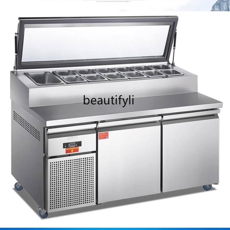 

Commercial Air-Cooled Refrigerated Pizza Topping Station Fresh-Keeping Frost-Free Freezer Operation Table Salad Workbench