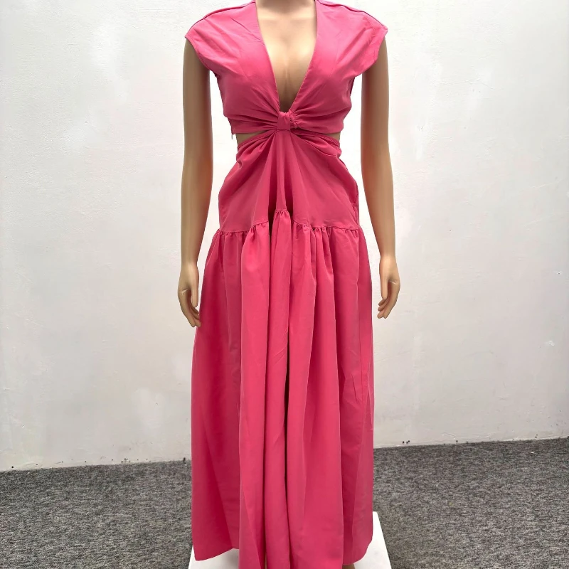 Vestido minimalista sexy 2025 para mujer: vestido con cuello en V profundo y recorte en la cintura, vestido largo elegante de color sólido, vestido de noche