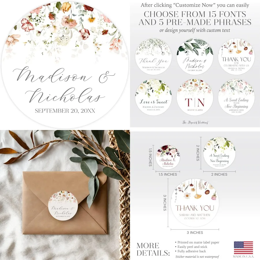 ملصقات زفاف زهرية مخصصة مع اختيارك من 30 أنماط زهرة - قم بتخصيص الخط واختيار واحد من خمسة فرا مسبقة الصنع #1