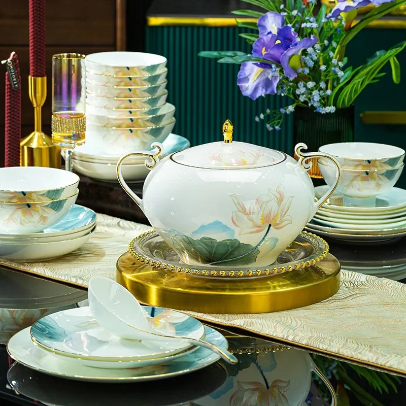 jingdezhen dinnerware set - gold trimmed bowls, plates, and dishes