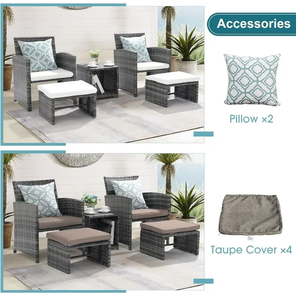 Casual Patio Furniture Set, Wicker Outdoor Conversation Chair and Ottoman Set with Coffee Table, Pillows Included