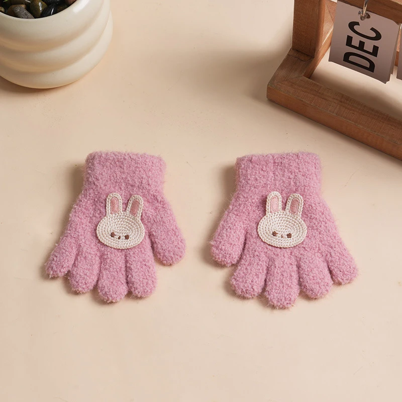 Cartoon Full Fingers Mittens Warm Gloves Solid Color Fluffy Knitted Mittens Outdoor Gloves