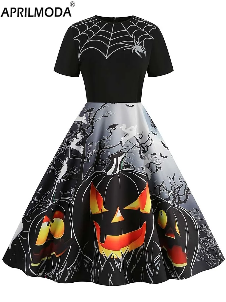 Eleganckie świąteczne kostiumy na Halloween sukienki z krótkim rękawem z nadrukiem 2023 jesień zima 50s Vintage Party Dress Cosplay Vestidos