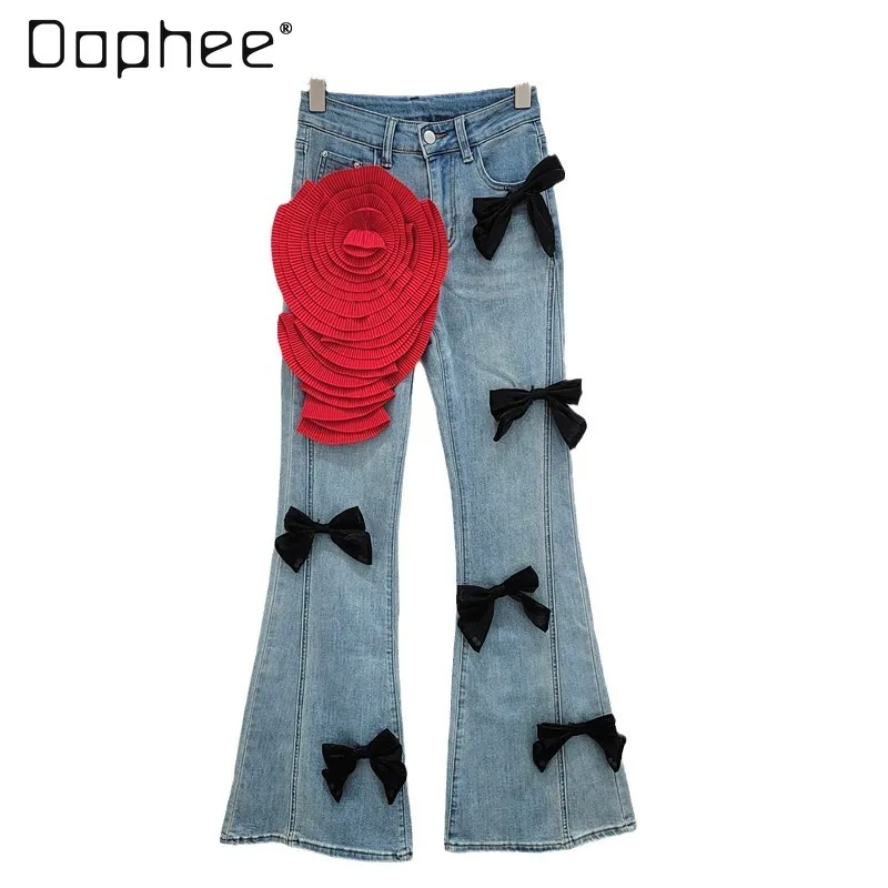 Sexy Girl Bow Bootcut Trousers Women Spring Autumn Retro Washed High Waist Jeans 3D Flower Slim Stretch Denim Trousers Female