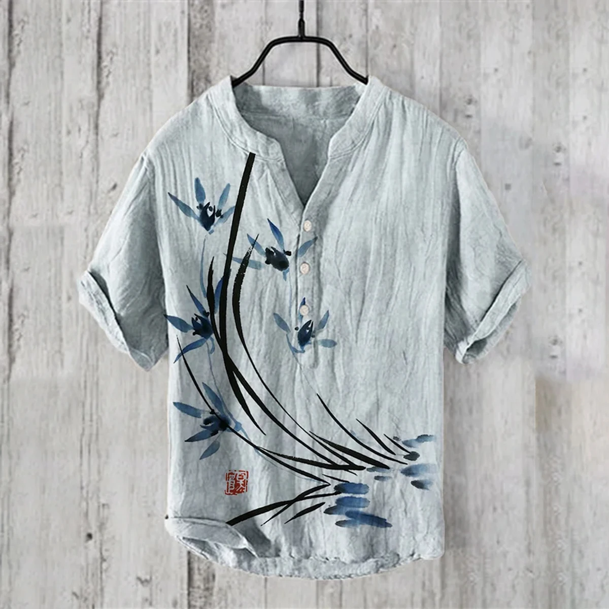 

Men's ink orchid pattern 3D printing V-neck short-sleeved casual loose shirt Hawaiian outing short-sleeved shirt large size loos