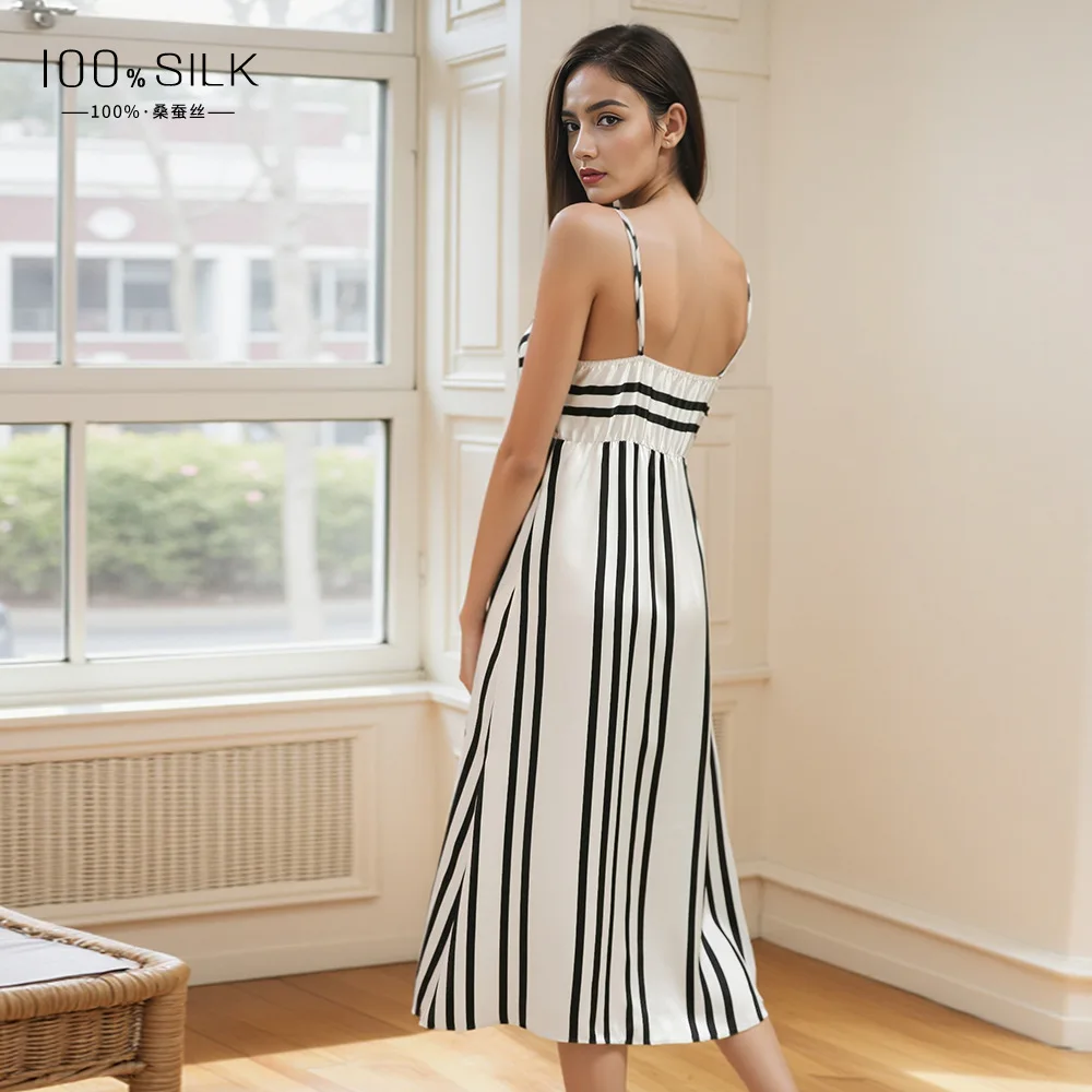 Summer New 100% Mulberry Silk Slip Dress Women Black White Stripe Sexy Backless Nightgown Luxury Silk Loungewear Sleep Dress