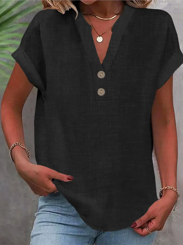 

Cotton Linen Short Sleeved Breathable Shirt Summer Solid Color Fashion Stand Up Collar Button Down Women's Casual Office Shirt