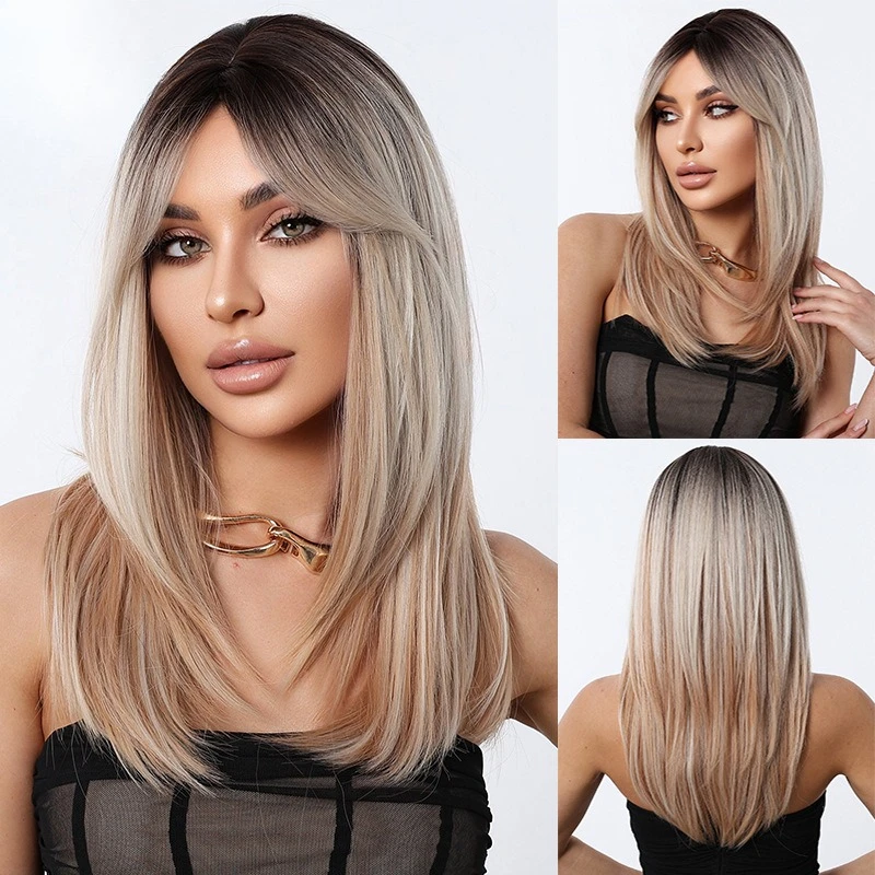 

Wig pin gray gold gradual change medium and long straight hair wigs daily party fashion natural full hood women's