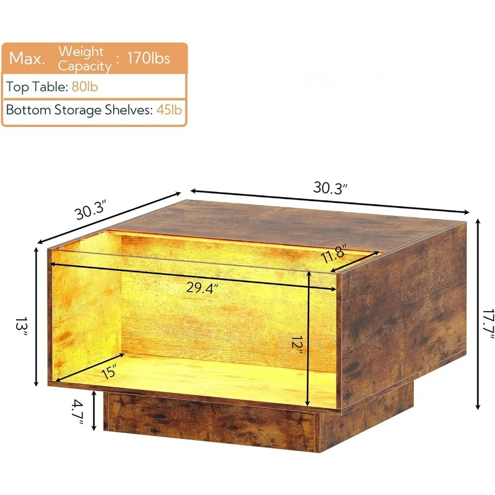 Mesa de centro conduzida para a sala de visitas, tabela center superior de vidro moderna com armazenamento para o jogo noturno, mesa de madeira original