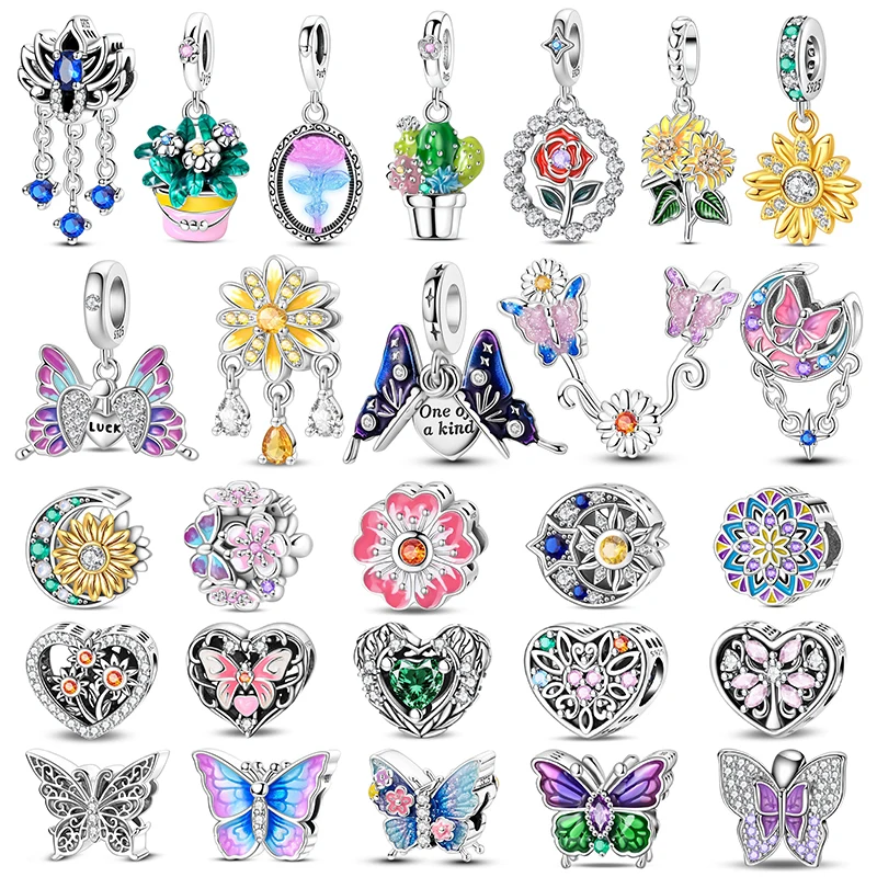 

Inlaid with zircon Butterfly charm beads 925 sterling silver Flower Dangle for original bracelet charms pendant jewelry