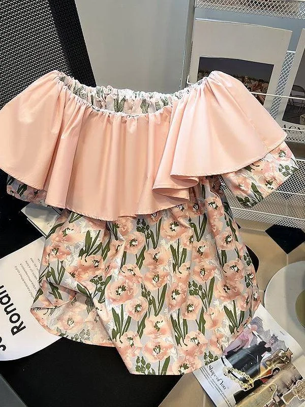 

plus Size Women's Floral Print Loose Fit Shoulder Bared One-Shoulder Shirt Summer Season Casual Style Polyester Fiber Blouse