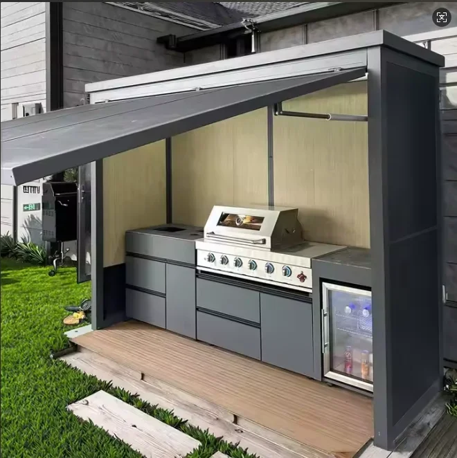 Outdoor BBQ Kitchen Cabinet with Refrigerator Sink Retractable Door - One Stop House Storage