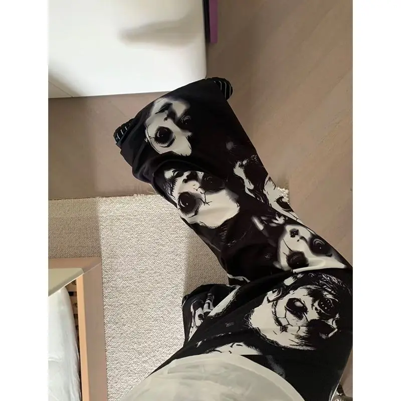 Halloween All‑Over Print Dark‑Sweet Doll Flare Pants, Silky Smooth High‑Waisted Y2K Hot Girl Trousers, Floor‑Length Stacked Slim