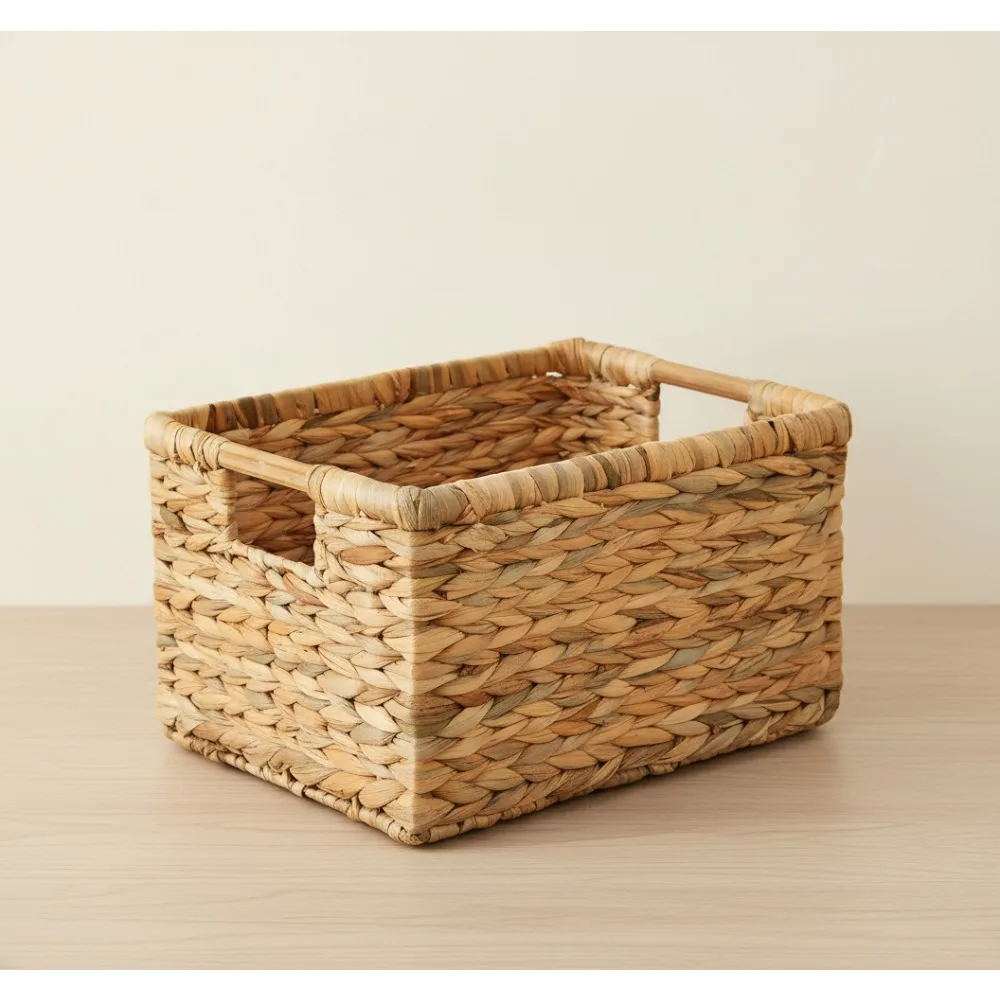 

Large Natural Water Hyacinth Storage Basket with Wooden Handles - Rectangular Organizer for Home Decor