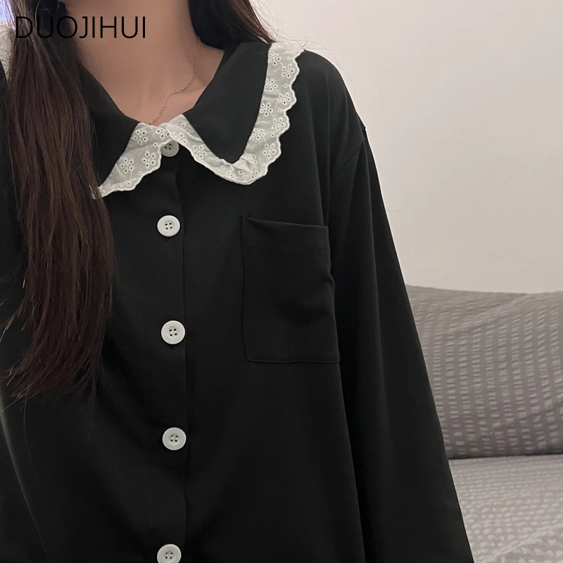 Duojihui schwarz zweiteilige schicke Spitze lose Pyjamas für Frauen Basic Button Cardigan einfache lässige Hose Mode weibliche Pyjamas Set