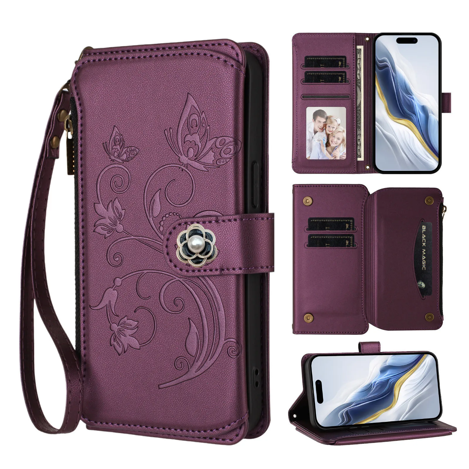 Butterfly Flower Vine Crossbody Zipper Wallet Case For Samsung Galaxy A70 A50S A50 A40 A30 A20 A10 Leather 5 Cards Wrist Cover