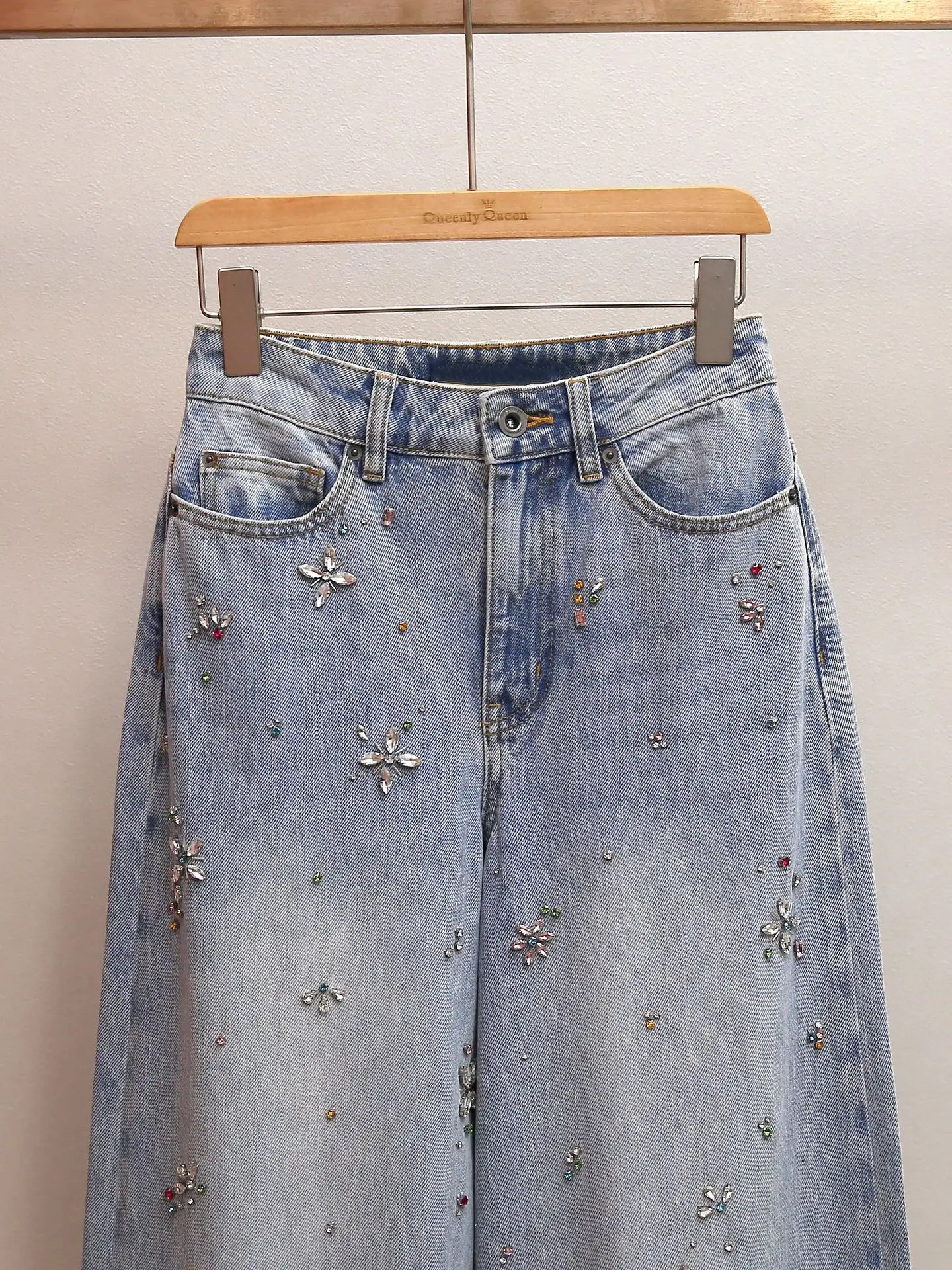 

Spring/Fall Women Floral Rhinestone High Waist A-line Solid Jeans Loose Pocket Casual Fashion Denim Wide Leg Pants
